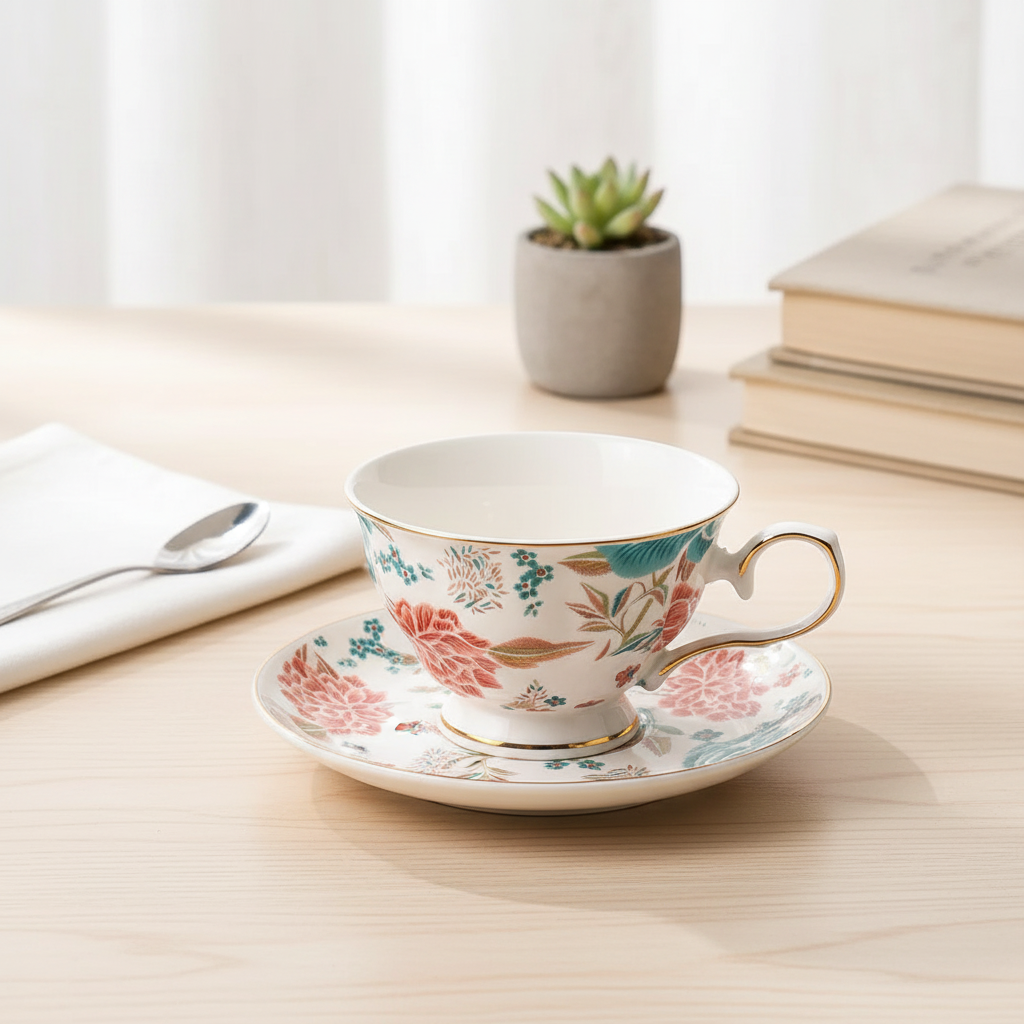 Chinese Floral Porcelain Coffee Cup and Saucer