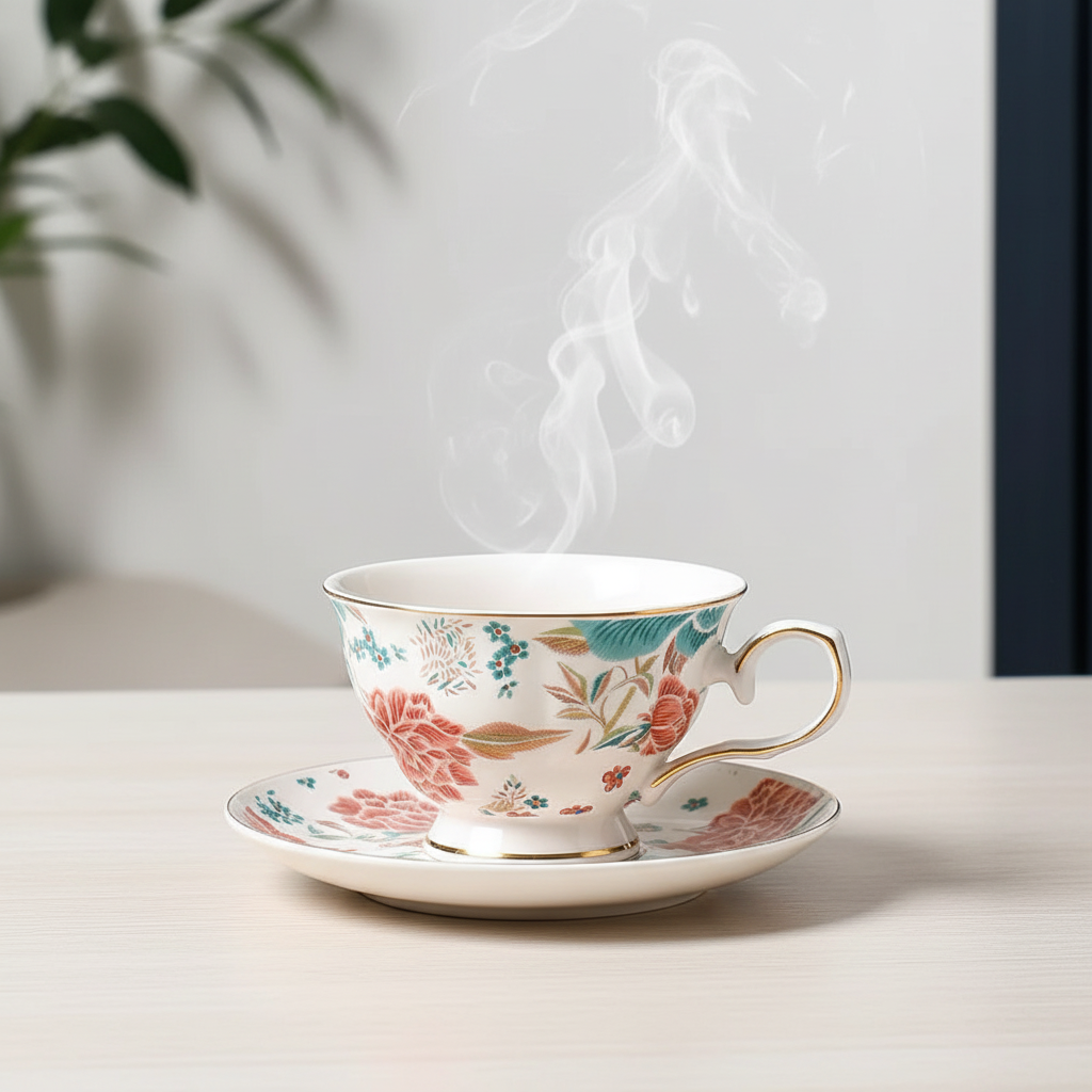 Chinese Floral Porcelain Coffee Cup and Saucer