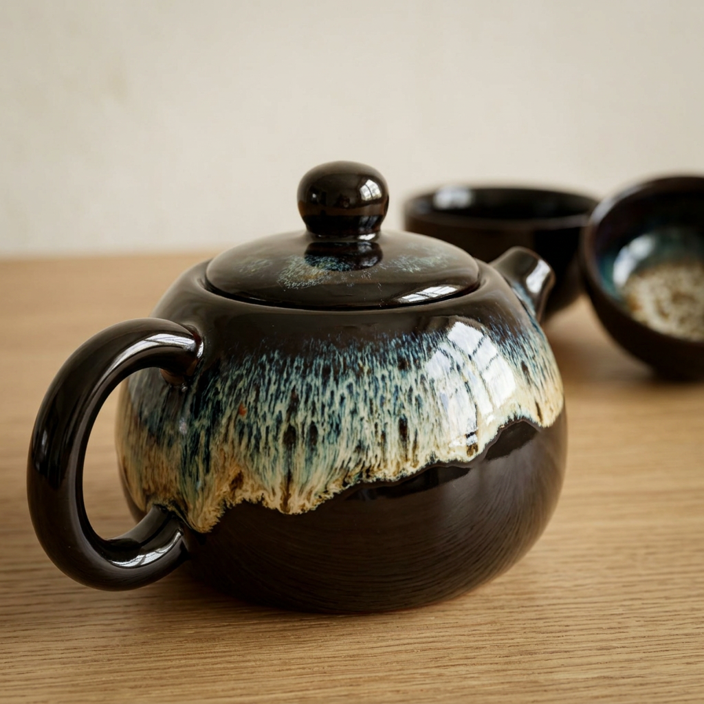 The Onyx Ritual Set | Dark Clay Ceramic Teapot and Two Cups - Ember & Olive Coffee Co.®