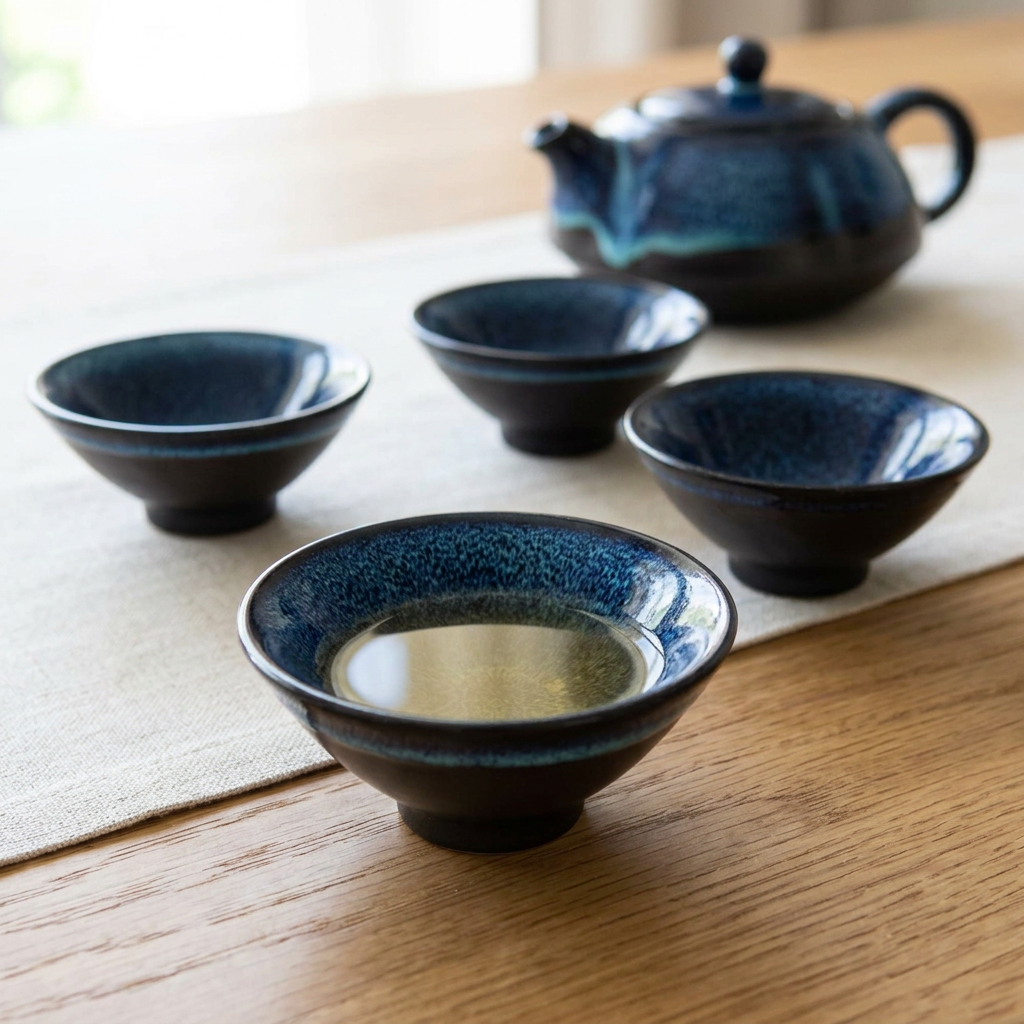 The Sapphire Ritual: Ocean Blue Ceramic Teapot with Four Tasting Cups - Ember & Olive Coffee Co.®