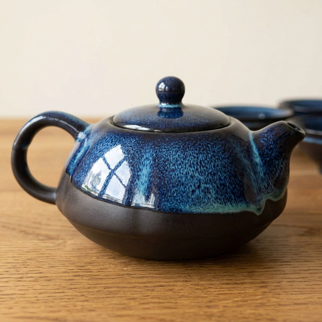 The Sapphire Ritual: Ocean Blue Ceramic Teapot with Four Tasting Cups - Ember & Olive Coffee Co.®