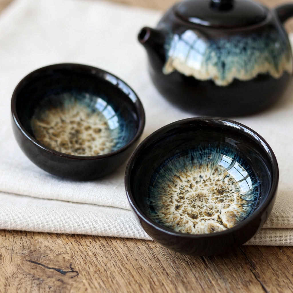 The Onyx Ritual Set | Dark Clay Ceramic Teapot and Two Cups - Ember & Olive Coffee Co.®