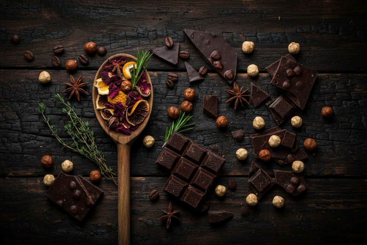 Dark Chocolate Hazelnuts & Botanicals Flatlay Banner
