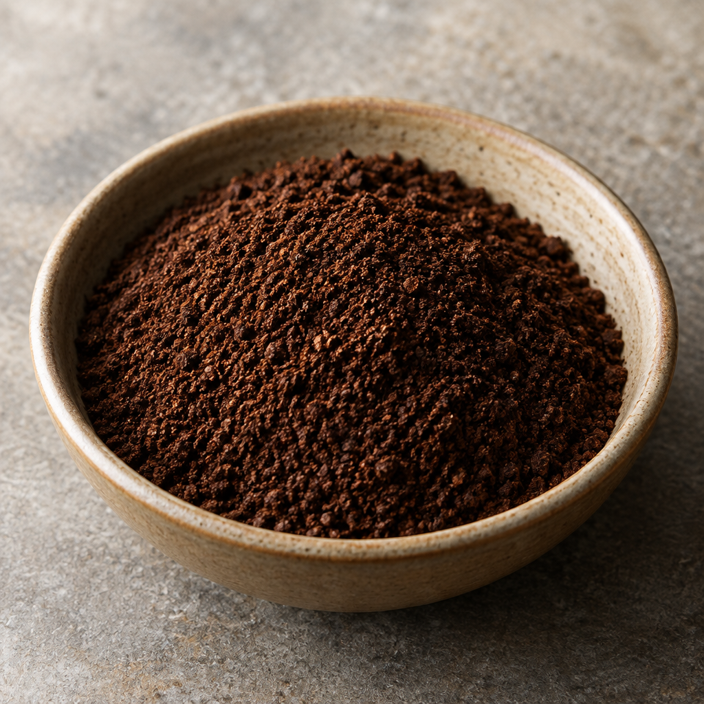 Dark ground coffee in a ceramic bowl