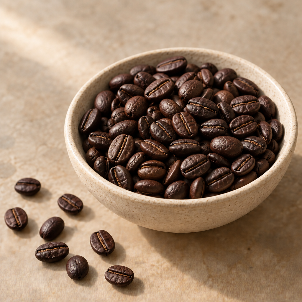 Dark-roast whole coffee beans in a ceramic bowl