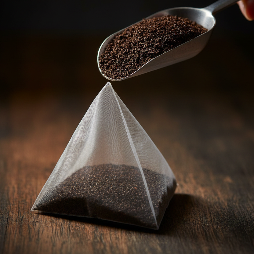 Fine Dark Tea Grounds in Pyramid Teabag