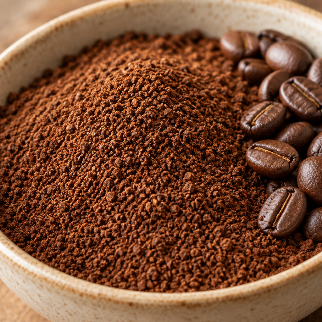 Freshly ground natural-processed Brazilian coffee grounds with whole beans at the edge