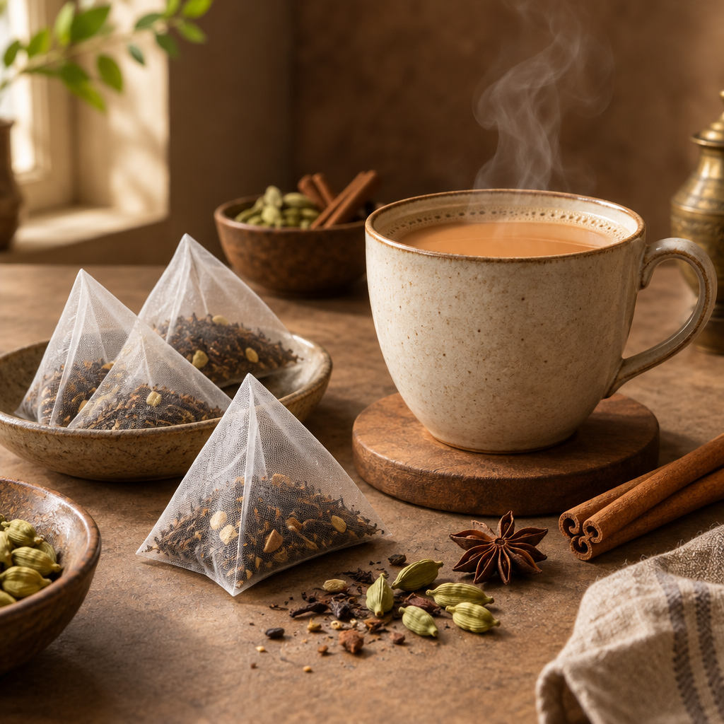 Masala Chai pyramid teabags beside a cup