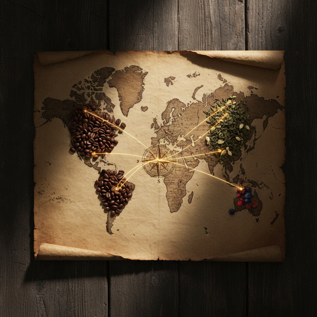 Origins map — ingredients on parchment