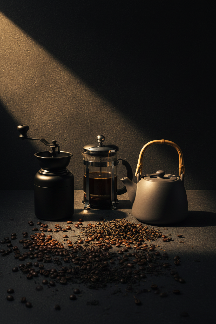 Quiz background — grinder, French press & teapot
