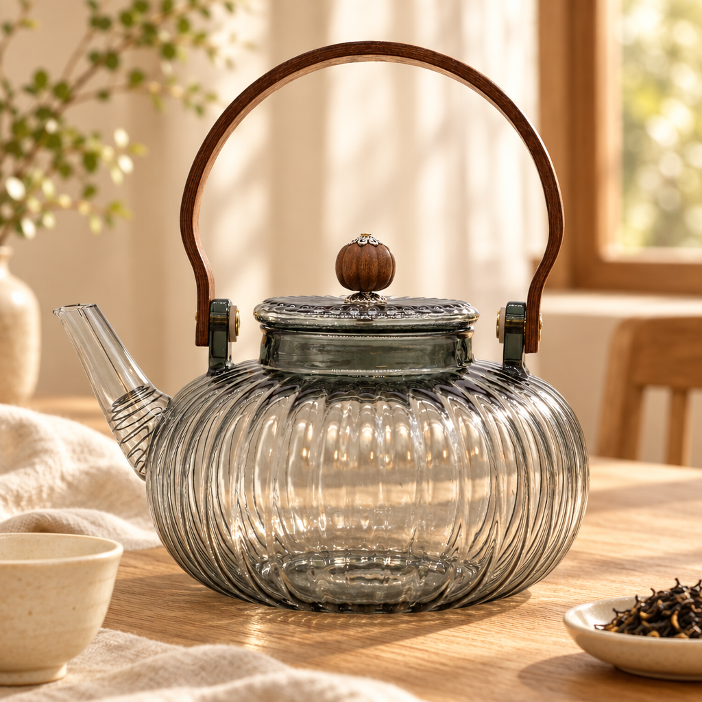 Ribbed Pearl teapot in warm afternoon setting