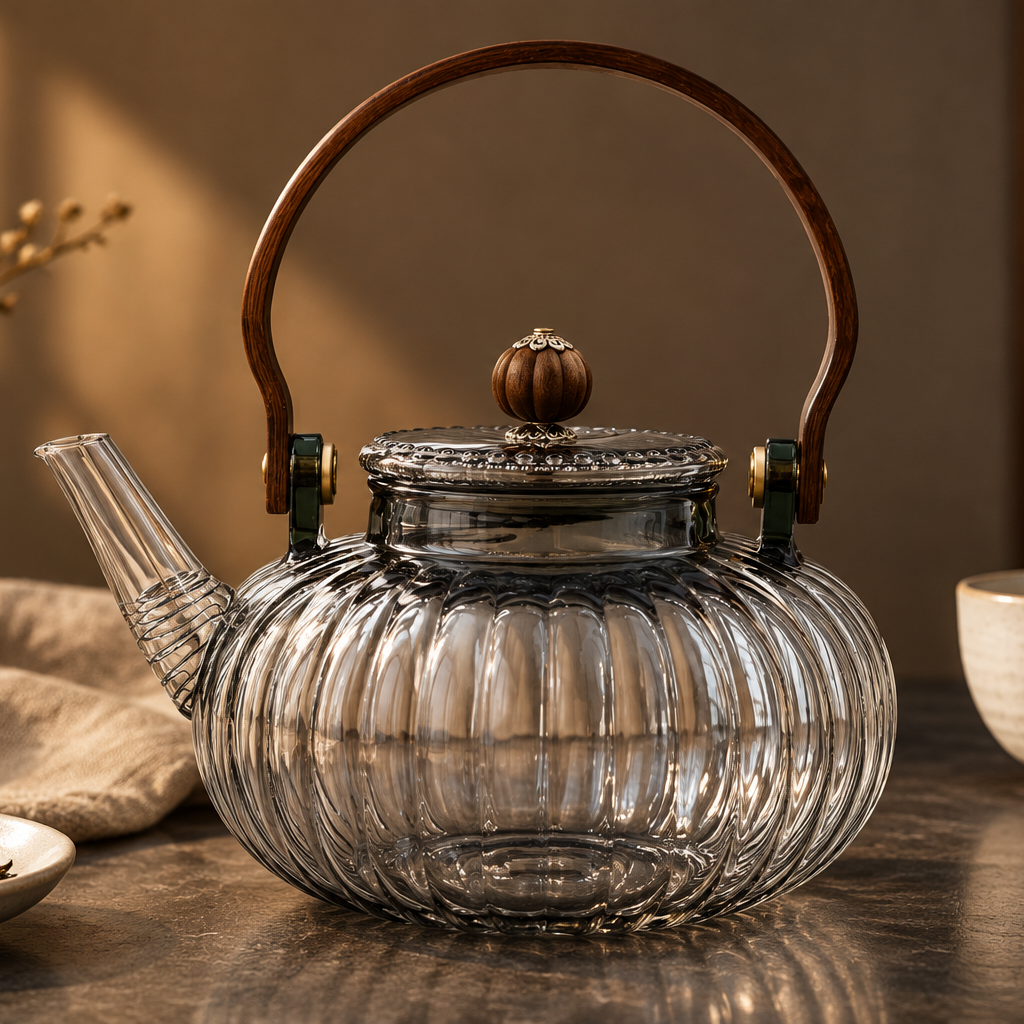 Ribbed Pearl teapot on a dark premium tabletop