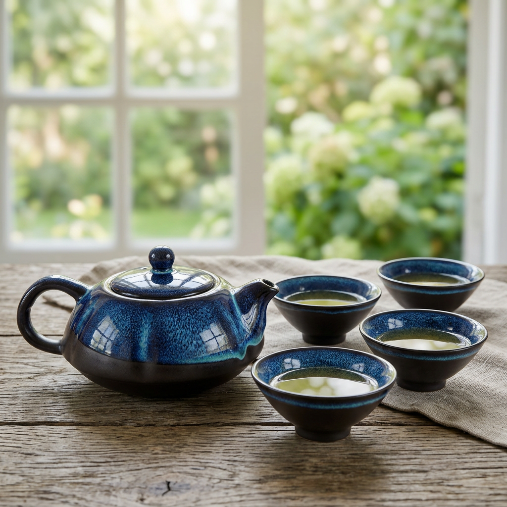 The Sapphire Ritual: Ocean Blue Ceramic Teapot with Four Tasting Cups - Ember & Olive Coffee Co.®