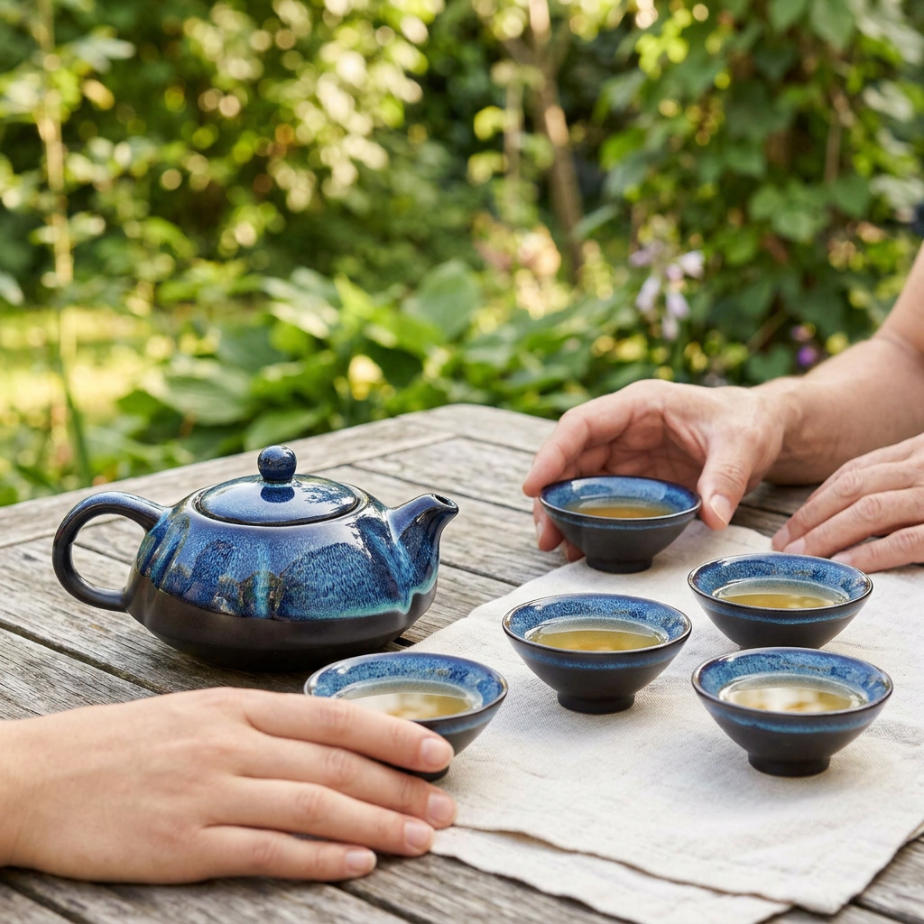 The Sapphire Ritual: Ocean Blue Ceramic Teapot with Four Tasting Cups - Ember & Olive Coffee Co.®