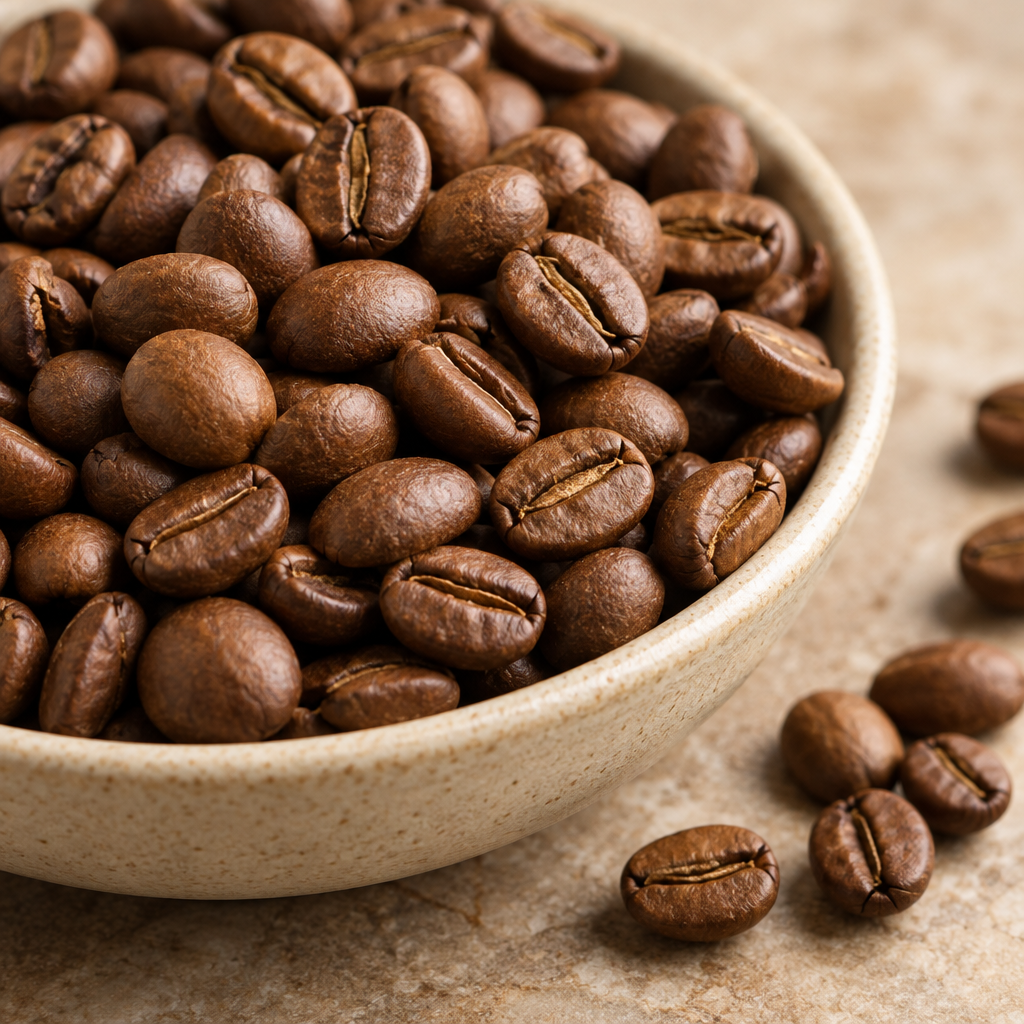 Whole natural-processed Brazilian coffee beans in a warm medium brown in a ceramic dish